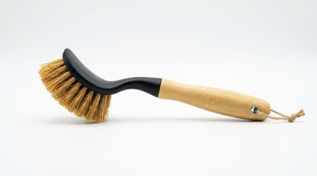 Dish brush with wooden handle and black head isolated on white background