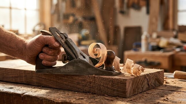 Close-up side view of a craftsman using a hand plane to smooth a wooden board in a workshop
