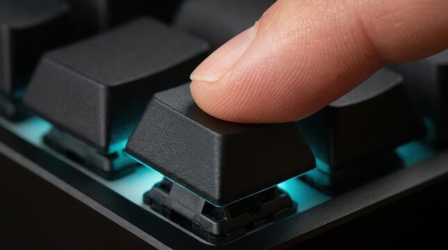 Close up of finger pressing black mechanical keyboard key with teal glow in dark studio