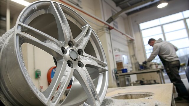 Close-up view of a silver alloy wheel during refinishing in an automotive workshop, showing professional wheel restoration and surface finishing equipment.