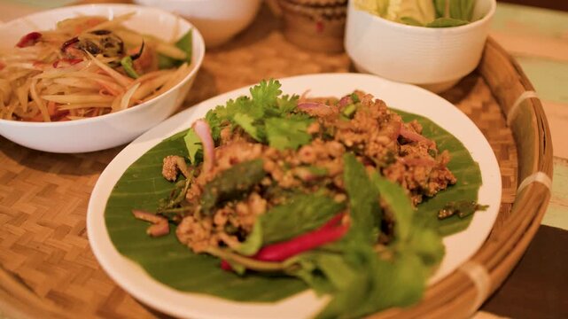 Traditional Thai Isan Cuisine with Papaya Salad and Larb