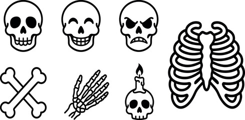 Fototapeta premium Set of hand drawn black and white vector illustrations featuring human skulls bones rib cage and a spooky candle