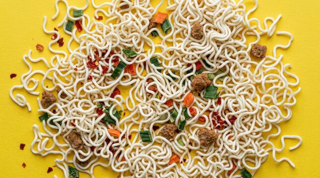 Top view of dry instant noodles with dehydrated vegetables and meat on a yellow background