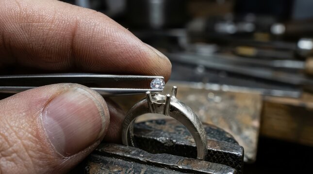 A skilled jeweler setting a diamond into a metal ring in a workshop close-up