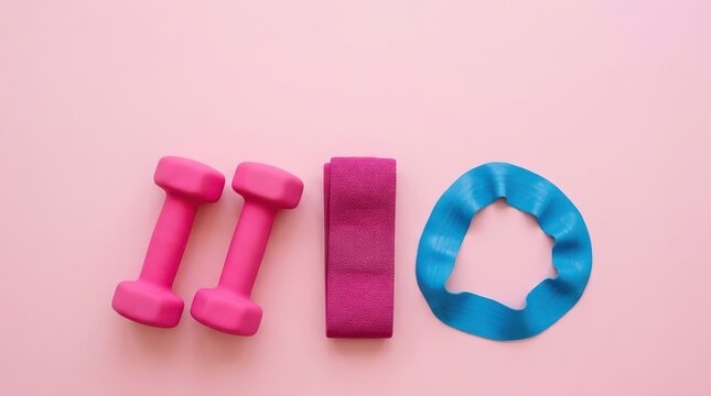 Pink dumbbells, fabric resistance band, and blue loop band on pink background