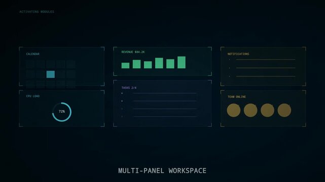 Futuristic Multi panel Digital Workspace Assembling and Syncing Displaying Data Visualizations for Calendar Revenue Cpu Load Tasks and Team Presence