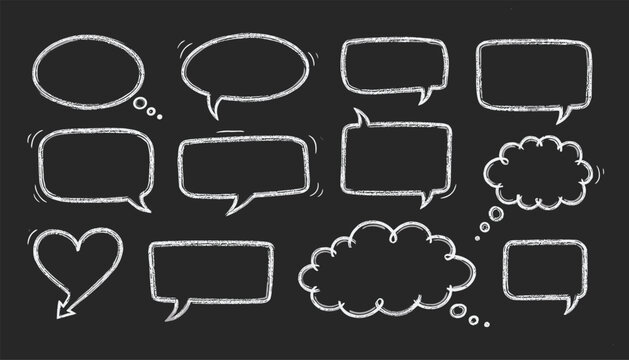 Variety of hand drawn chalk speech bubbles and thought clouds on a dark textured school blackboard background.