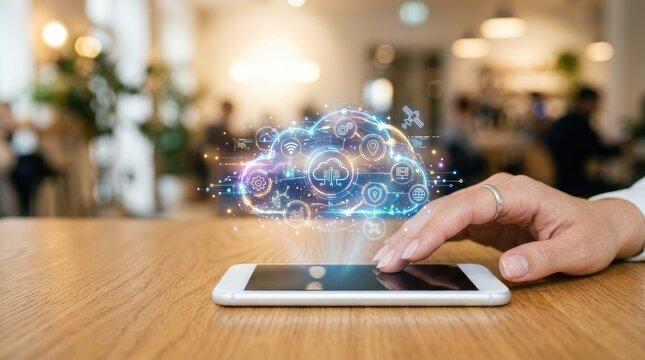 Hand touching smartphone displaying futuristic cloud computing network hologram