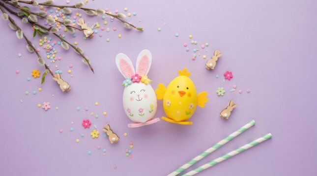 Easter composition with a decorated egg bunny, a yellow chick, pussy willow branches, and colorful confetti on a purple background