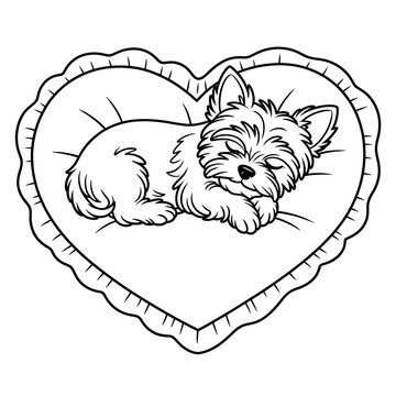 Cute yorkshire terrier sleeping puppy coloring page illustration inside a heart shaped pillow frame
