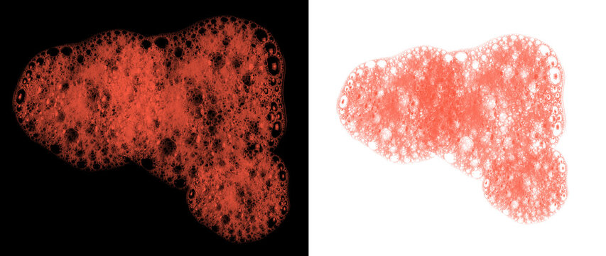 A vibrant red foam texture with many small bubbles creates an abstract pattern isolated on a transparent background