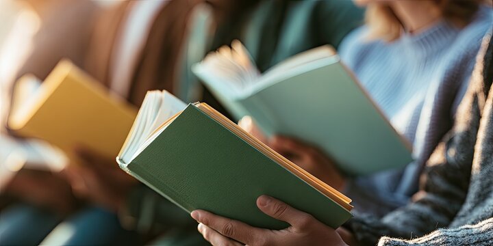 Soft focus on hands holding open books, with warm light filtering through