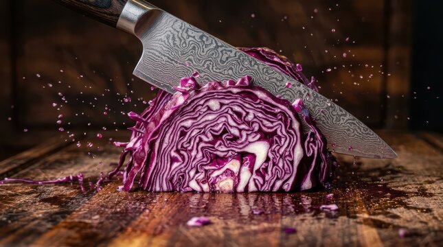 Action shot of a sharp kitchen knife slicing a red cabbage on a wooden board