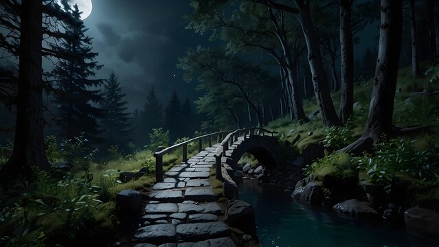 Stone path through a dark forest at night with a full moon and flowing stream.