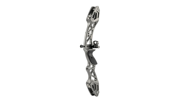 Professional recurve archery bow riser made of high strength aluminum alloy with ergonomic grip isolated on black background for sport and competition equipment