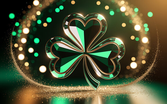 Glass shamrock clover with sparkling bokeh lights on a dark green background shamrock celebration