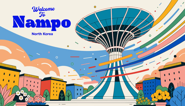 Welcome to Nampo, North Korea - Colorful Cityscape with Tower