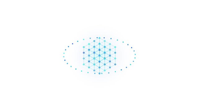 Abstract cyber technology network of glowing blue dots connects to form a symmetrical digital lattice structure representing artificial intelligence on a clean white background