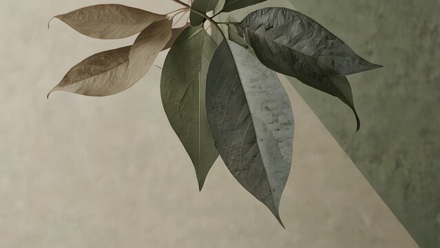 Minimalist green leaves on geometric split background for modern botanical design