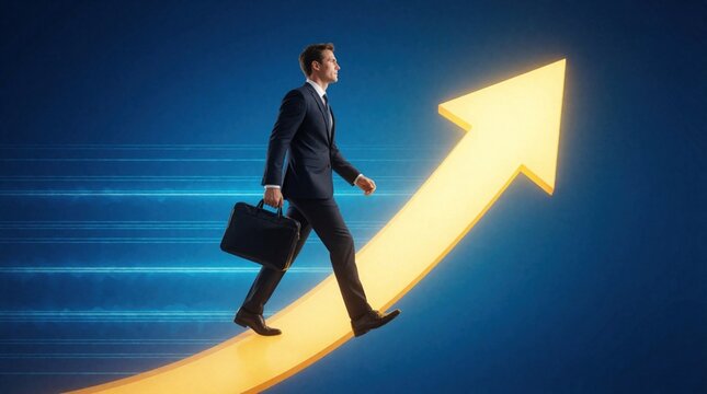 Man in dark suit walks up bright yellow arrow graphic. Businessman carries briefcase, moves towards career progress and financial success on blue background with light streaks.