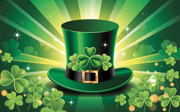 Green top hat with clover leaves and gold buckle on a glowing light background