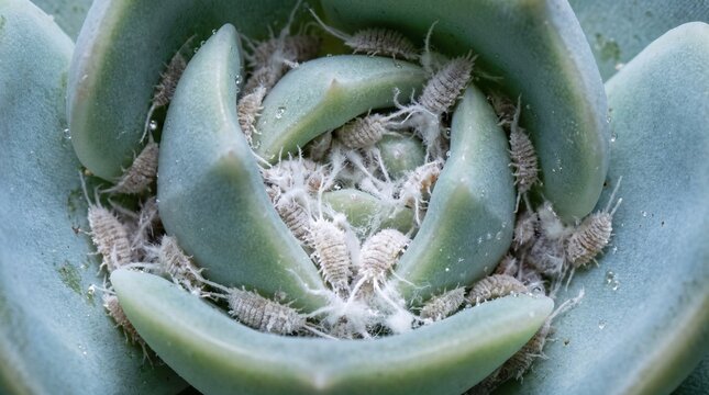Macro shot of mealybugs infesting a succulent plant, showing intricate details of the pests and plant.