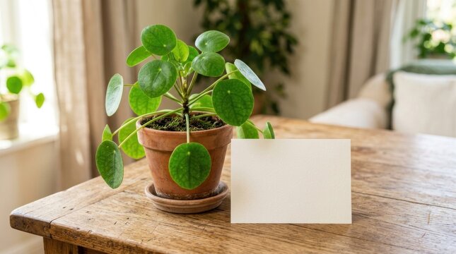 Potted Chinese Money Plant with Blank Card on Table