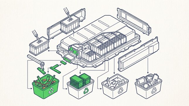 an isometric line art vector illustration of an electric vehicle battery being disassembled for recycling