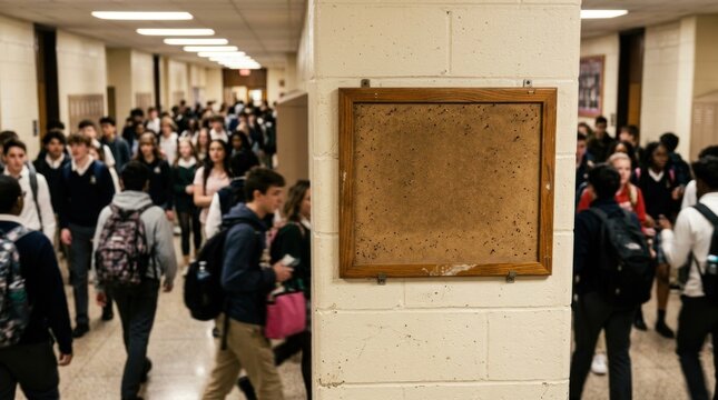 Students Walking in School Hallway with Empty Bulletin Board