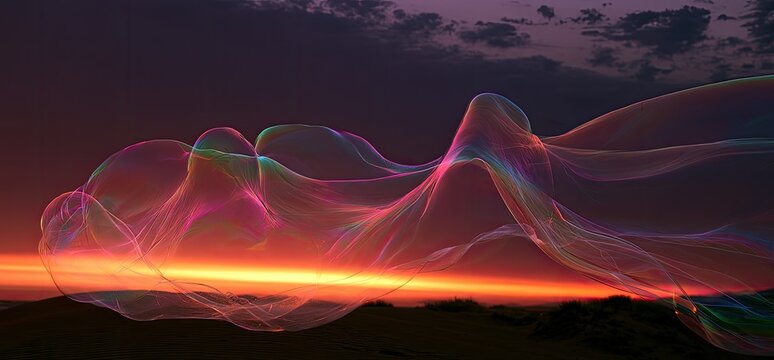 Iridescent, flowing fabric-like forms drift across a dramatic sunset landscape