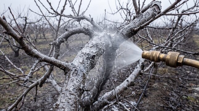 Orchardist Sprays Pesticide on Bare Tree Branches in Cold Weather, Protecting Against Pests and Diseases