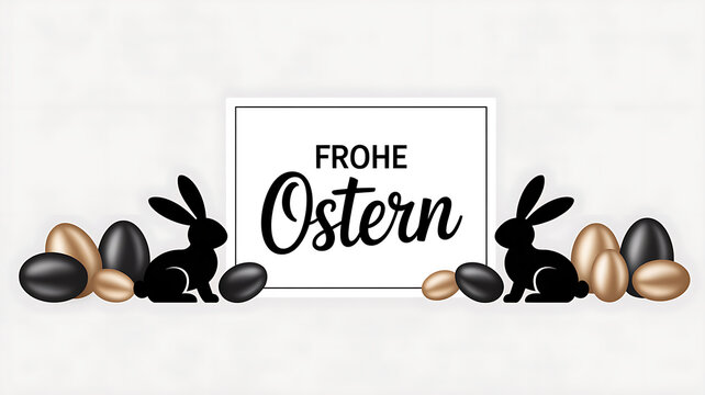 Easter bunnies and metallic eggs surround a sign reading Frohe Ostern.