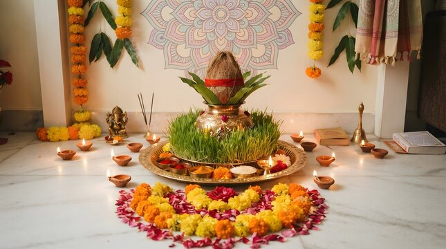Traditional navratri puja setup with kalash, sprouts, and flower rangoli