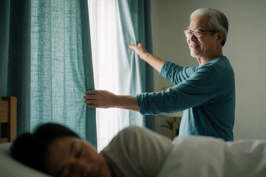 Asian senior man in bedroom, gently opening blue curtains, morning light, woman sleeping beside him. Peaceful domestic scene. Happy, caring atmosphere. Tranquil home environment. Gentle awakening.