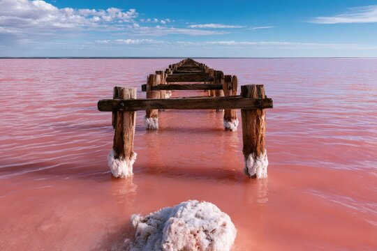 Old wooden pier stands in vibrant pink water under a bright sky