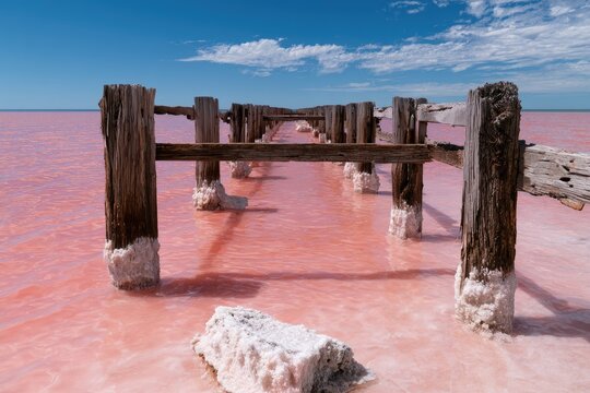 Weathered wooden pier jutting into vibrant pink saline water under a blue sky