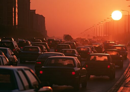 A hazy sunset bathes a congested highway in warm, orange light