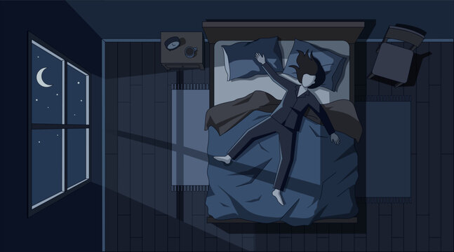 Top-down illustration of an anxious woman lying awake in bed in a dark bedroom with moonlight. Depicts insomnia, stress, sleep issues, bedtime fatigue, and poor night mental health.