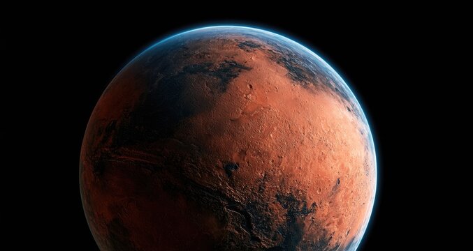 Red planet with dark surface features against a black void