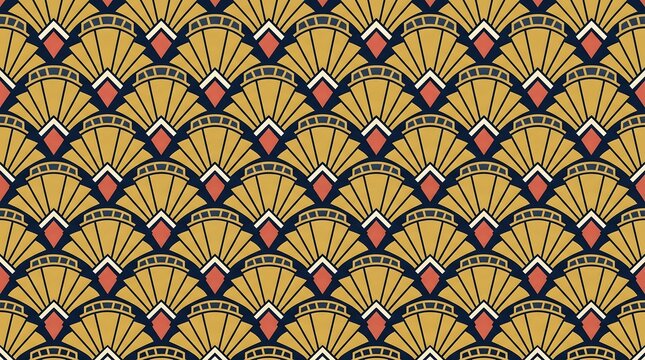Elegant art deco geometric pattern featuring golden fan shapes on dark blue background with red accents