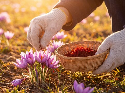 Saffron Harvesting: Close-up of Hands Picking Crimson Threads from Purple Crocus Flowers in a Sun-Drenched Field