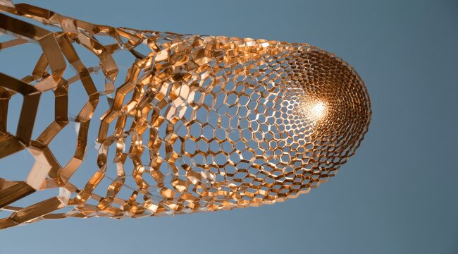 Close up of intricate copper honeycomb-like sculpture against blue sky