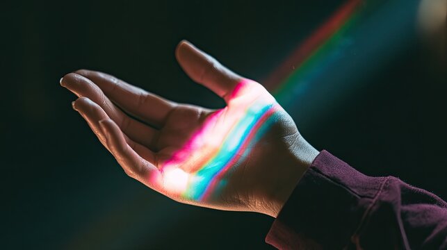 Open hand bathed in colorful spectral light against dark background