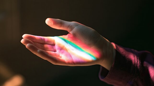 Open hand bathed in vibrant rainbow light against dark background