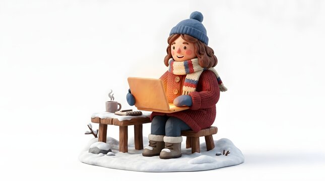 Girl reading laptop in snowy winter setting
