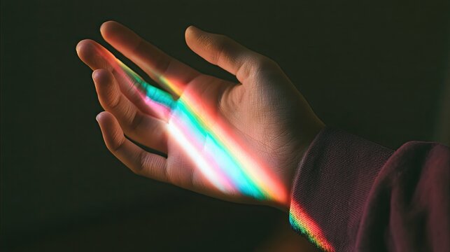 Open palm catches a spectrum of vibrant light, creating a radiant glow