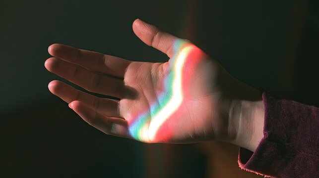 Illuminated hand bathed in colorful spectral light against a dark background