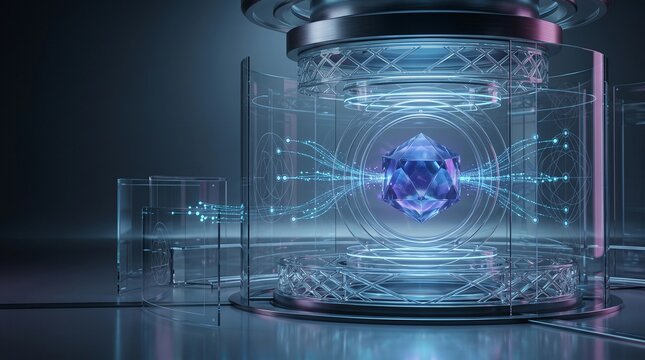 Futuristic quantum computer core with glowing geometric crystal inside glass chamber