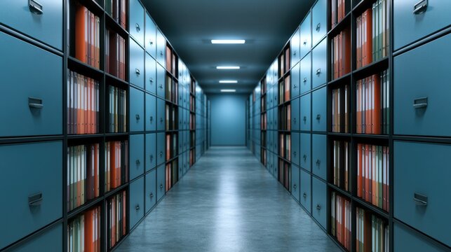 A Long Aisle in a Modern Archive Filled with Neatly Organized File Cabinets and Document Folders for Efficient Storage and Retrieval of Important Papers