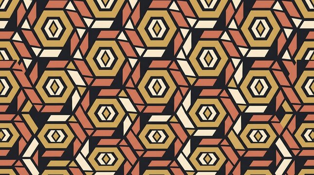 Abstract geometric seamless pattern featuring golden hexagons with terracotta and cream accents on dark background